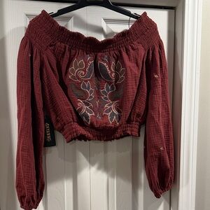 Shyanne Burgundy Embroidered Off-Shoulder Blouse - crop style